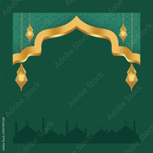 Eid Mubarak Islamic Celebration Background with Gold Decorations and Green