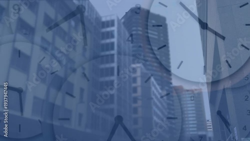 Layered analog clocks overlaying business canyon, playback advancing hands to show passing time