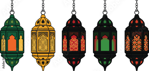 Islamic Ramadan Lanterns Hanging Decorative Arabic Lamp Vector SetIs