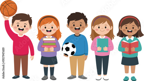 Cartoon children illustration featuring five kids holding basketball, soccer ball, and books, perfect for education, sports, learning, and child-friendly projects