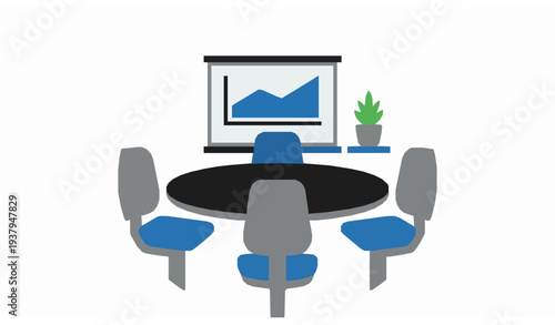 Colorful conference meeting room icon with round table chairs and presentation board vector