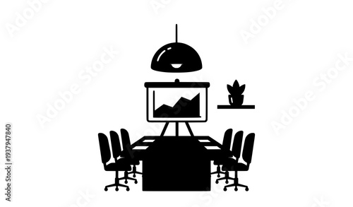 Modern conference room interior icon with meeting desk chairs and presentation display vector