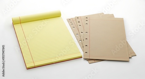 Yellow lined notepad and brown notebook paper with lines on white background with shadow. AI generated.