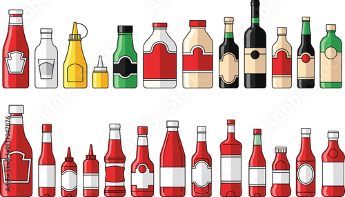 Sauce and Beverage Bottle Collection Including Ketchup, Mustard, Hot Sauce, Vinegar, Wine and Condiment Containers for Food Packaging and Restaurant Menu Designs
