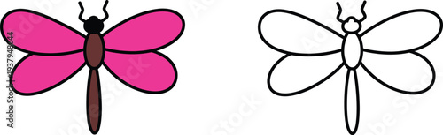 Pink butterfly and outline dragonfly side by side brown