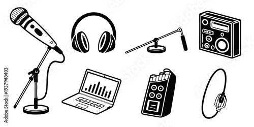 A variety of equipment used for creating and editing podcasts and videos. Vector