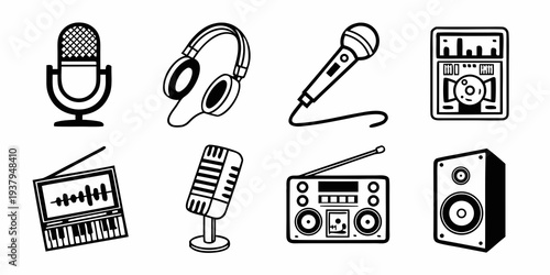 A collection of various audio equipment and devices in a simple line drawing style Vector