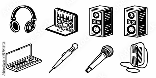 A variety of audio equipment and devices for recording and listening to music Vector