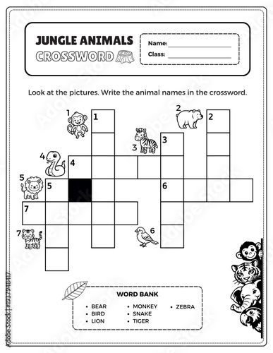 Cuadro en lienzo Jungle Animals Crossword Puzzle Worksheet for Kids Educational Printable Activit