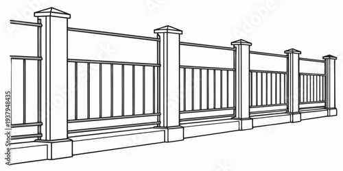 A detailed illustration of a white picket fence with evenly spaced posts and rails Vector