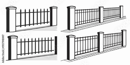 Four different styles of wooden fences displayed in a row. Vector