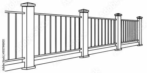 A tall, white, metal fence with vertical bars and horizontal supports Vector