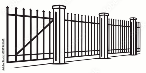 A black metal fence with a gate, standing tall and secure in a residential area. Vector