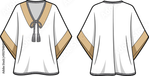 Front and back view of decorative short-sleeved V-neck top with braided rope trim, tassels, and tan edging, perfect for fashion, apparel, and design projects