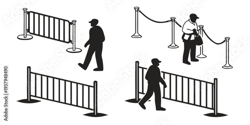 People navigating through barriers and a velvet rope in a public space. Vector