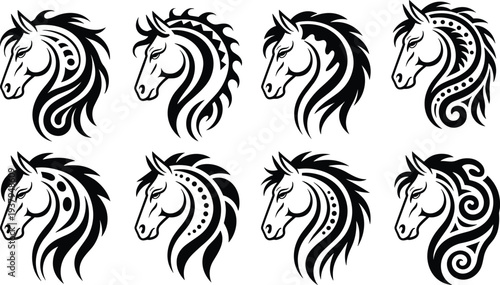 Horse head silhouette set featuring eight decorative black-and-white designs with flowing manes, swirls, and patterns, perfect for tattoo, logo, and artistic projects