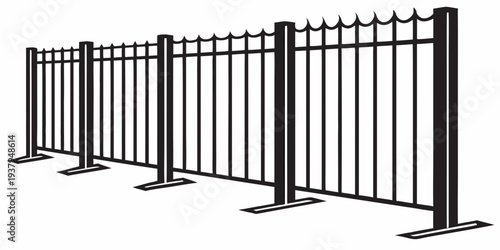 A tall, black metal fence with pointed tops and horizontal bars Vector
