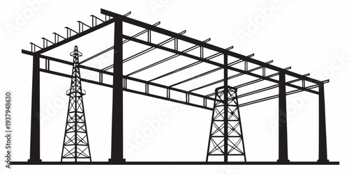 A large industrial building structure with metal beams and support columns Vector