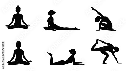 Six individuals performing various yoga poses on a white background Vector