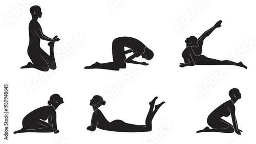 A series of silhouette illustrations depicting various yoga poses and exercises Vector