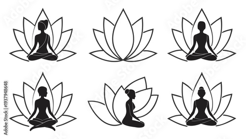 Six different types of lotus flowers and buddha statues in a symmetrical arrangement Vector
