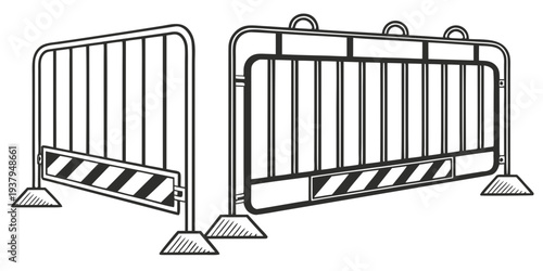 Two metal barricades with diagonal supports and reflective stripes for visibility. Vector