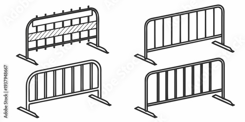 Four different types of metal barriers used for crowd control and security. Vector