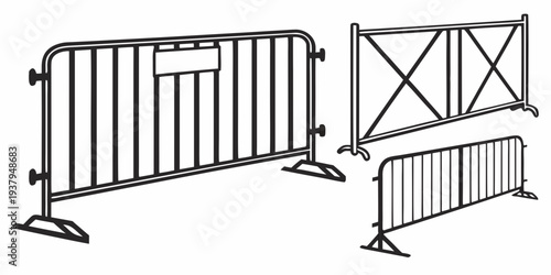 Three different types of metal barricades used for crowd control and security Vector