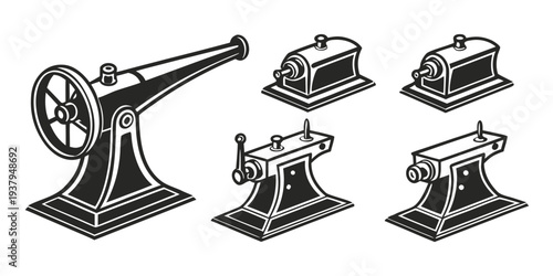 Vintage sewing machines displayed in a row with various designs and features Vector