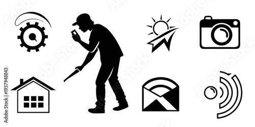 A man using a metal detector to find hidden treasures in various locations Vector