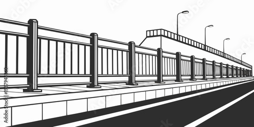 A detailed black and white illustration of a train station platform with a train Vector