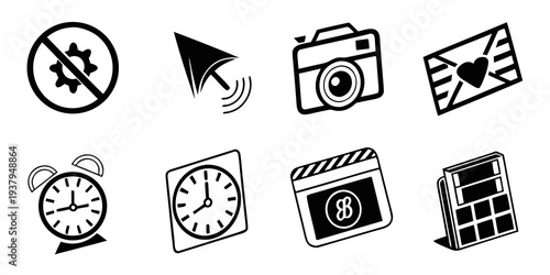 A collection of icons representing various activities and objects related to time and technology Vector