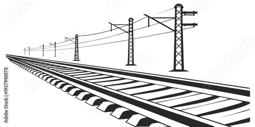A detailed illustration of a railway track with overhead electric lines and signals Vector
