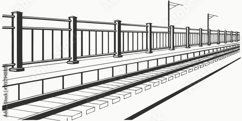 A long train station platform with a train in the distance Vector