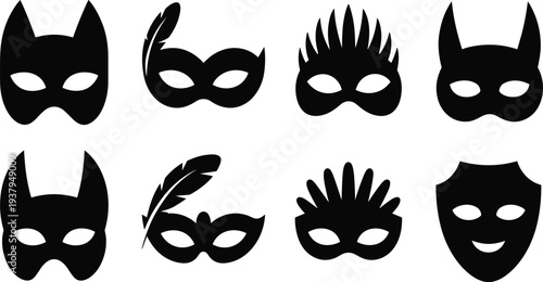 Masquerade mask silhouette set featuring eight unique black designs with feathers, spikes, bat-style shapes, and festive details, perfect for costume, party, and design projects