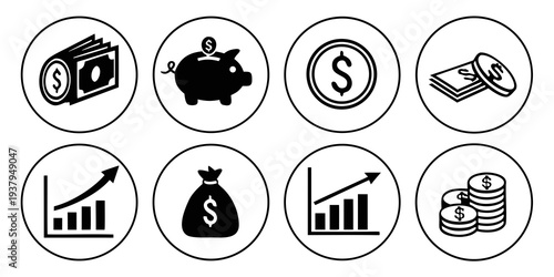 Diverse icons representing various aspects of finance and banking Vector