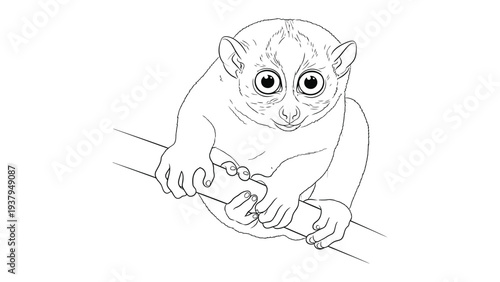 Line Art of a Tarsier: A detailed line drawing of a captivating tarsier clings to a branch, its huge eyes and delicate features. capturing the subtle textures and form with simple lines.