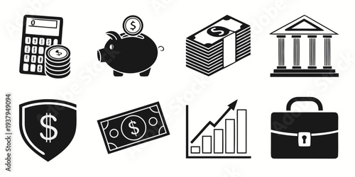 Assorted icons representing finance, banking, and business concepts Vector