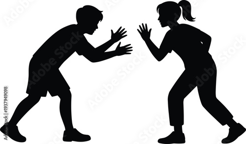 Martial arts silhouette illustration featuring male and female athletes in defensive stances, perfect for sports, training, competition, and fitness design projects