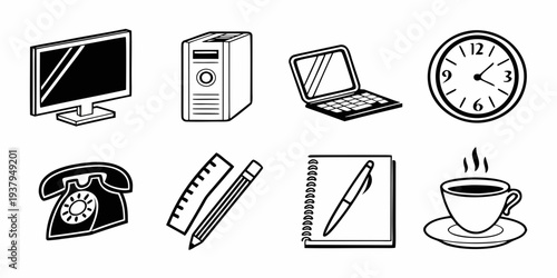 A collection of various objects including a television, book, laptop, clock, telephone, pen, paper, and coffee cup. Vector