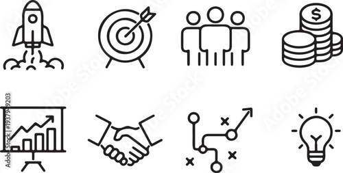 Diverse line icons representing the full spectrum of e-commerce activities, from shopping carts to secure payments and delivery.