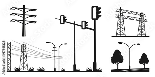 Illustration of various types of street lights and electrical poles. Vector