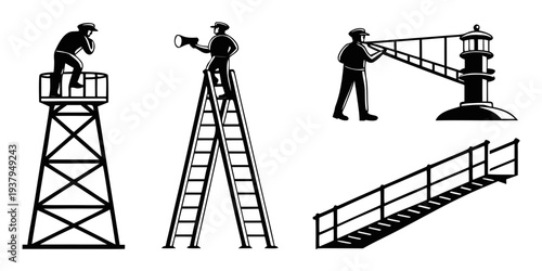 Illustration of workers on ladders and platforms performing construction tasks Vector