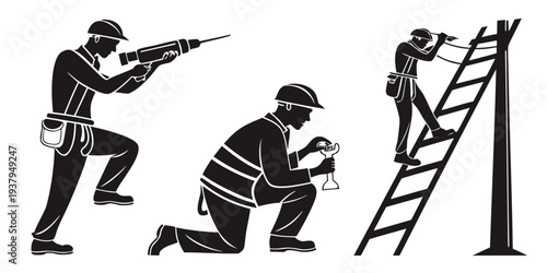 Three individuals engaged in different activities related to hunting and construction. Vector