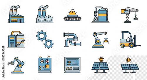 Industrial Icons Set Factory Machine Technology Equipment.