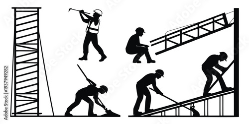Construction workers building a structure with tools and materials Vector