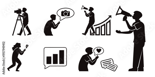 Illustrations of people engaged in various activities and communication methods Vector