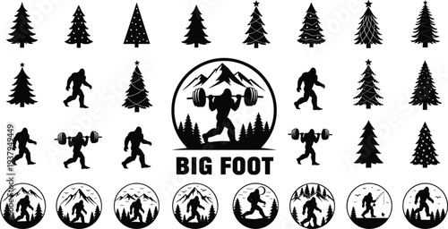 Bigfoot weightlifting silhouette vector set, Sasquatch forest gym logo collection, mountain wilderness fitness badge illustration bundle
