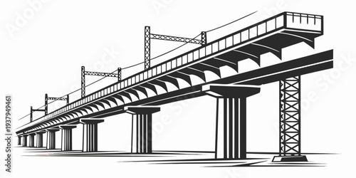 A detailed illustration of a multi-span bridge with overhead tracks. Vector