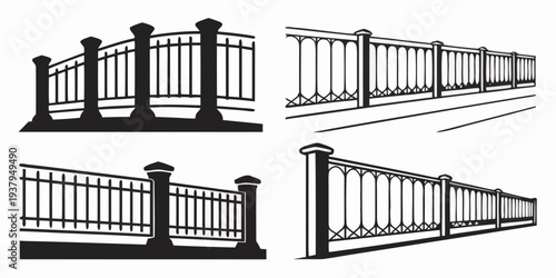 Illustration of various fence styles with different designs and materials. Vector